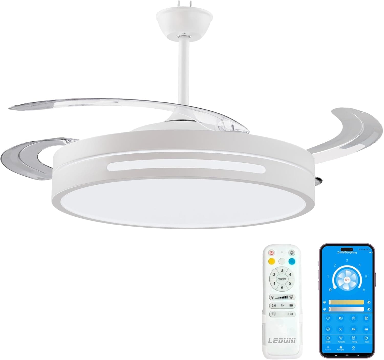 LEDUNI Ventilador con Luz LED con Mando y APP 50cm, Motor DC, Silencioso