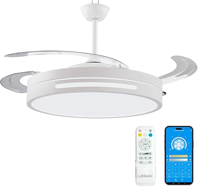 Ventilador de techo LEDUNI Ventilador de techo con luz con mando 3 aspas, Motor DC 30W+Luz LED,temporizador, 6 velocidades, aspas retráctiles, 3 temperaturas de luz, función verano-invierno Silencioso (Blanco, 50CM)