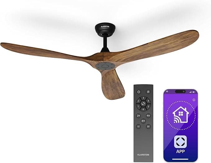 Ventilador de techo KLARSTEIN Ventilador de Techo Silencioso Smart 152 cm, Nogal - Control Remoto, Voz y App, 6 Velocidades, Función Verano/Invierno, Motor DC Eficiente, Sin Luz, para Habitaciones hasta 30 m²