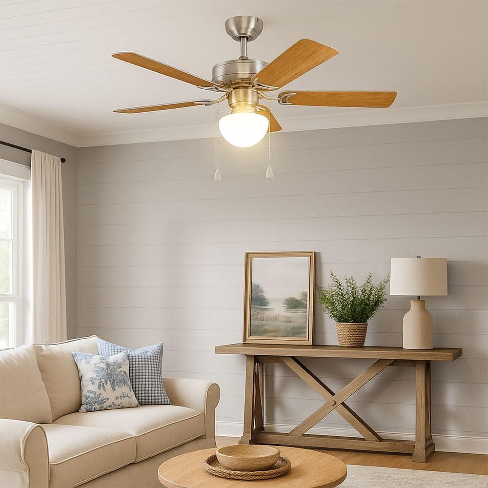 Eglo Ventilador de techo CADIZ, ventilador de 5 aspas con luz, cadena de accionamiento, aspas reversibles de MDF en color plata o roble, cuerpo de acero en níquel mate, motor AC, diámetro 106,6cm