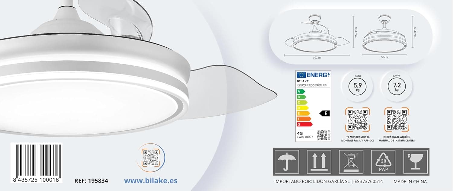 Bilake Lampara Ventilador Techo luz led 45W 6300 LM silencioso Moderno Blanco aspas retractiles Motor DC 3LED y Memoria retráctil Plus