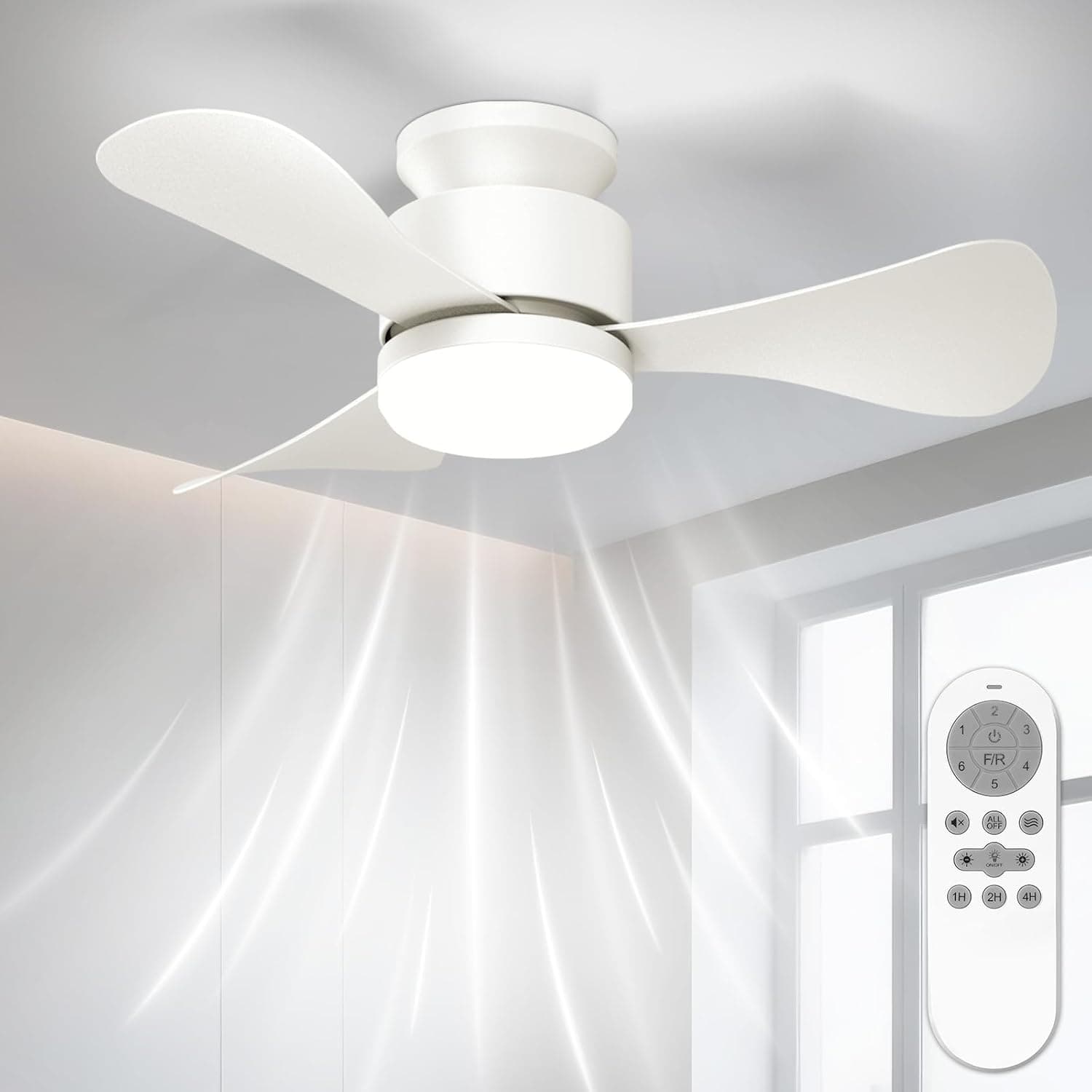 Airwit Pequeño 71cm Ventilador de Techo con Luz Silencioso, Regulable Ventilador Techo con Mando a Distancia y Reversible Motor DC para Dormitorio Salon Cocina, 6 Velocidades