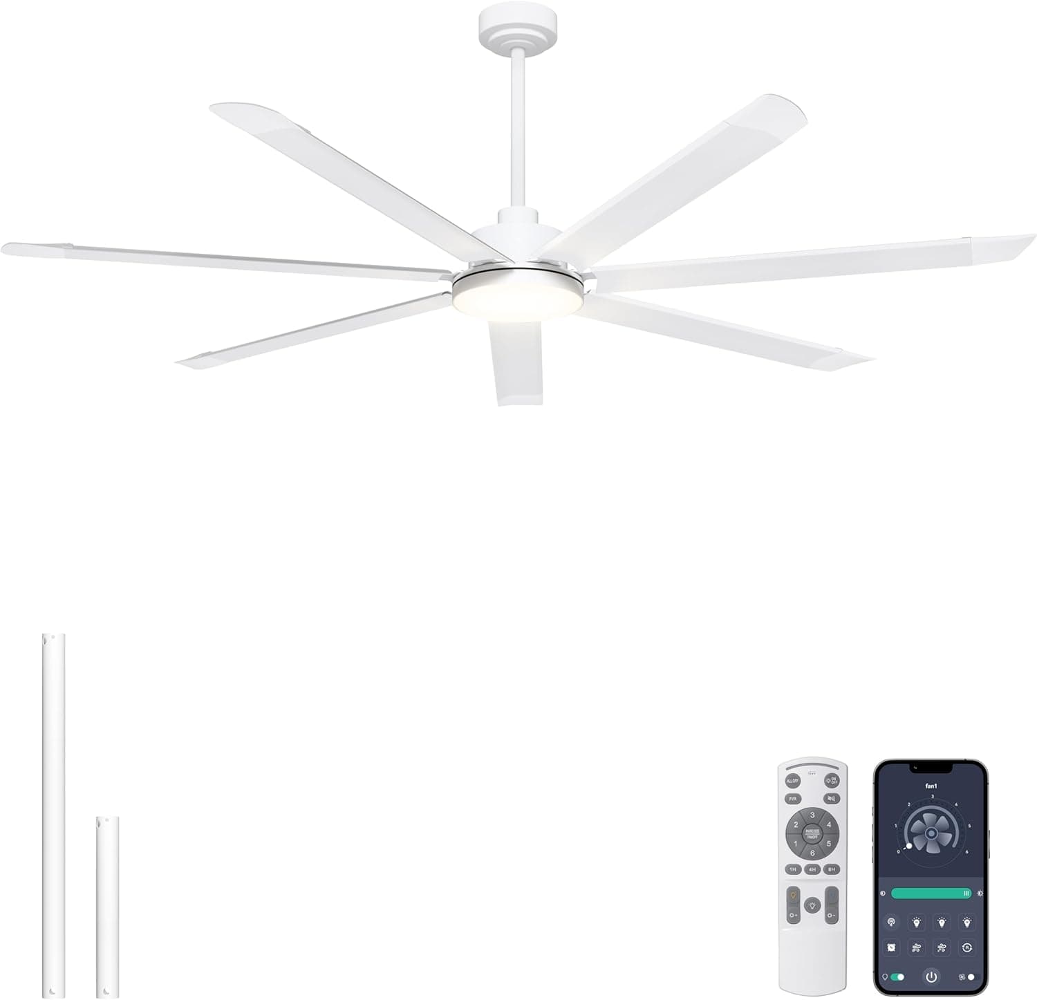 Ohniyou Ventilador de Techo de 182 cm con Luz, Ventiladores de Techo Industrial Grande con Control Remoto/APP, 7 Aspas de Aluminio, Motor DC Silencioso, Ventilador para Terraza Exterior Garaje, Blanco