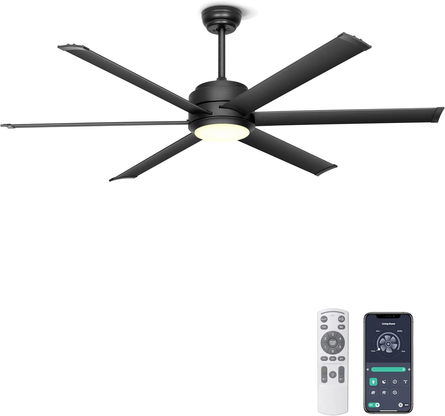 Ohniyou Ventilador de Techo con Luz Silencioso, Ventilador Techo Industrial de 152 cm con Control Remoto y APP, Luz Regulable, Motor de CC, Ventiladores de Techo Grande para Patio Sala de Estar, Negro