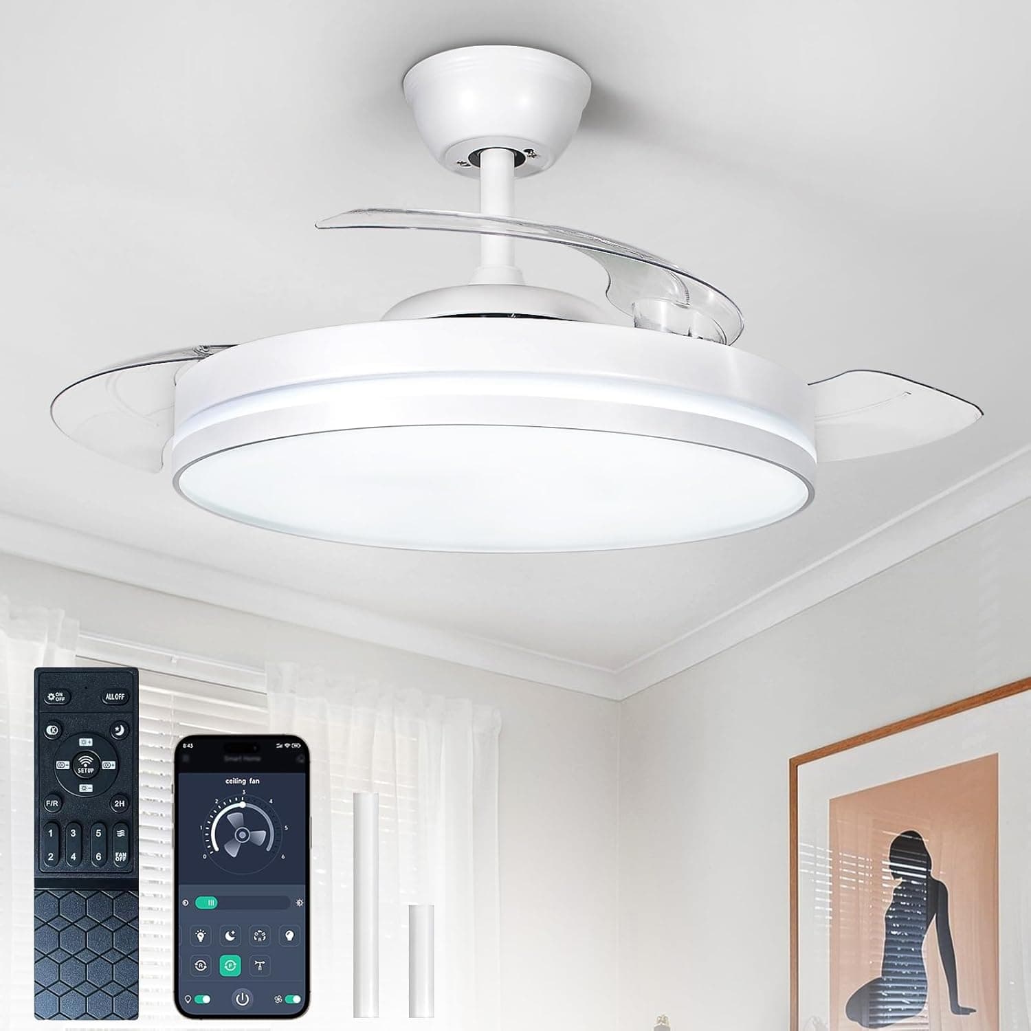 Depuley Ventiladores de techo retráctiles con luces: Ventilador de techo Fandelier de 42 pulgadas Control mediante aplicación - Ventilador blanco regulable con aspas invisibles y reversible para salón