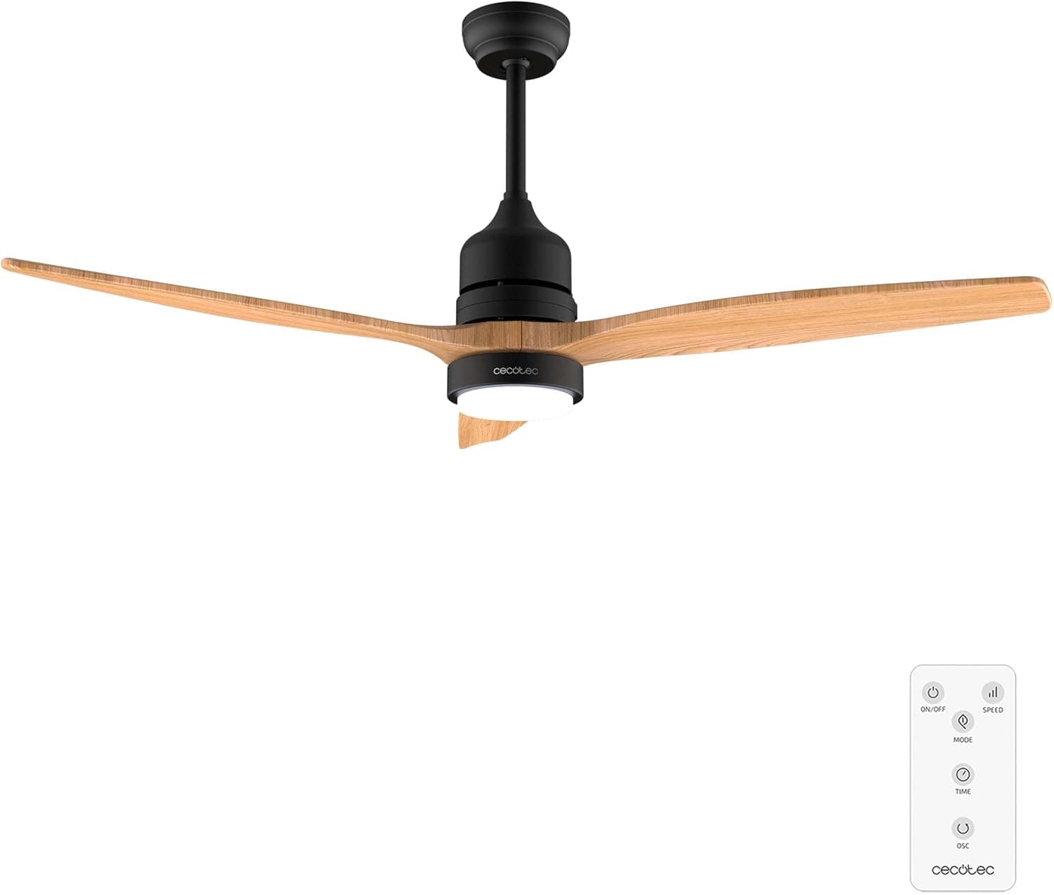 Cecotec Ventilador de Techo con Luz y Mando a Distancia de 52" EnergySilence Aero 5230 Black&amp;LightWood. Motor DC 40W, 3 Aspas, LED, Altura Ajustable, Temporizador, 6 Velocidades, Modo Winter/Summer