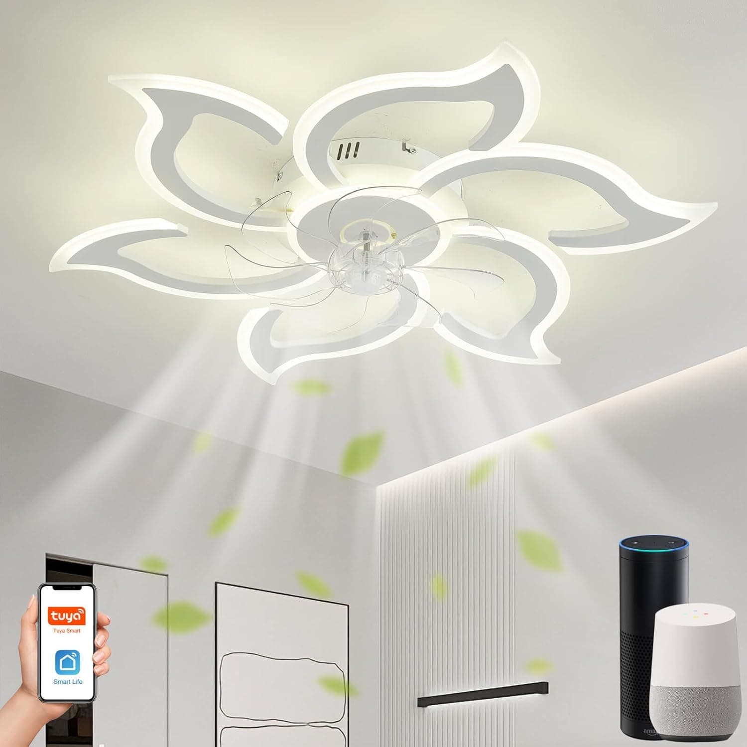 Smart Lampara Ventilador Techo, Compatible con Alexa y Google Home, Luz LED Regulable