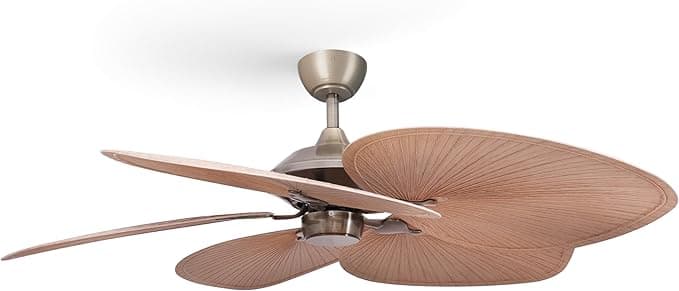 Sulion - Ventilador de Techo LOLA Palas Hoja de Palma | Motor DC Silencioso 6 Velocidades | Función Verano-Invierno, Naturwind y Temporizador | Acabado Latón Envejecido