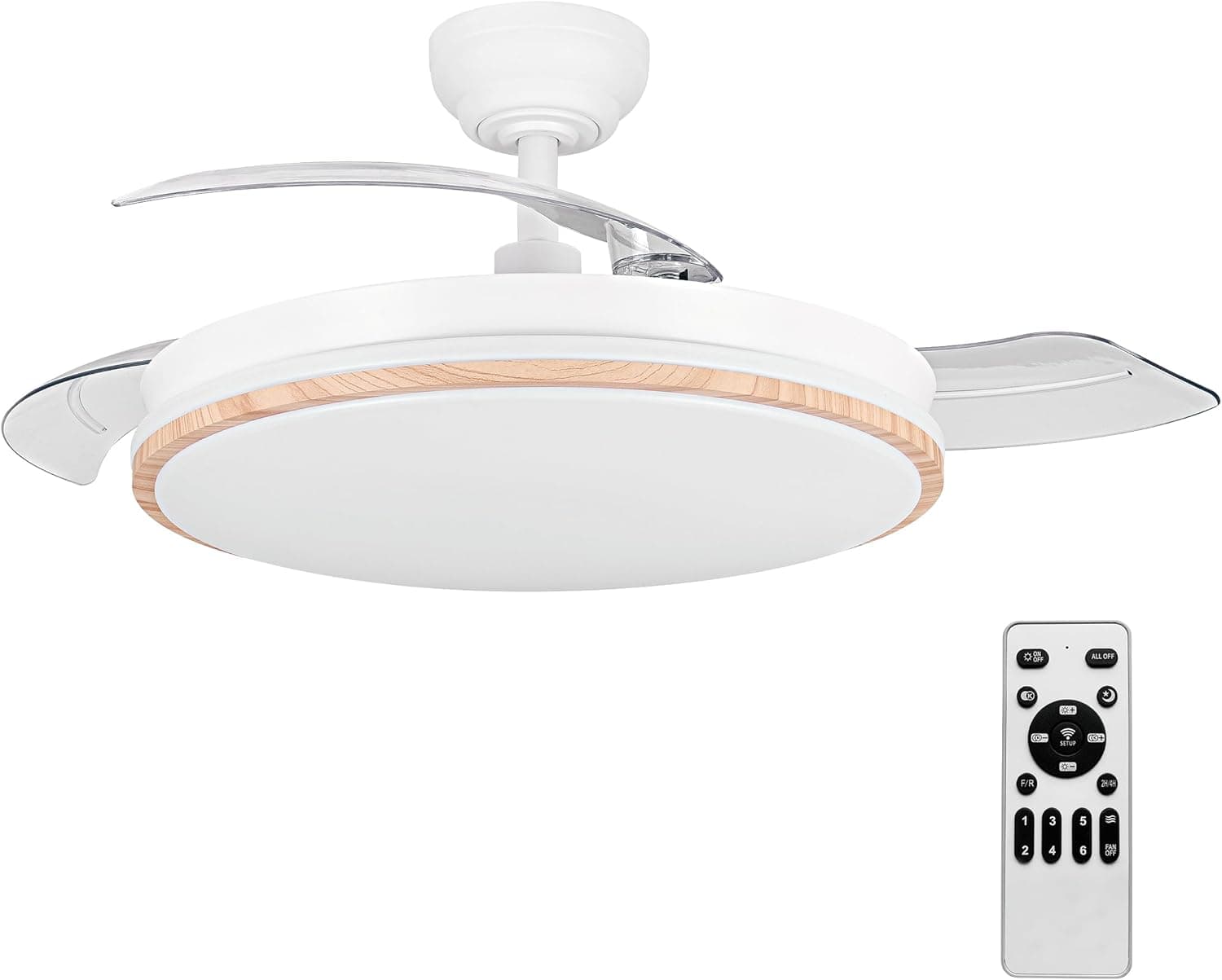 LEDUNI Ventilador con Luz LED 72w 7590LM con mando a distancia, Motor DC temporizador, 6 velocidades, aspas retráctiles, 3 temperaturas de luz, función verano-invierno Silencioso (Madera)