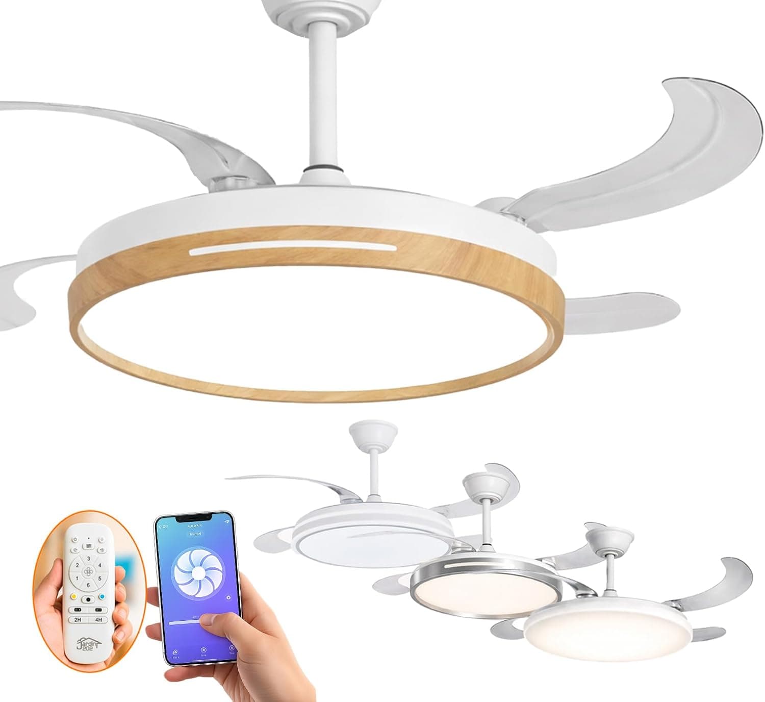 JARDIN202 Ventilador de Techo con Aspas Retráctiles, Motor DC, Temporizador, Luz LED Regulable, Mando a Distancia, 6 Velocidades | Conil Wifi Plata 50cm