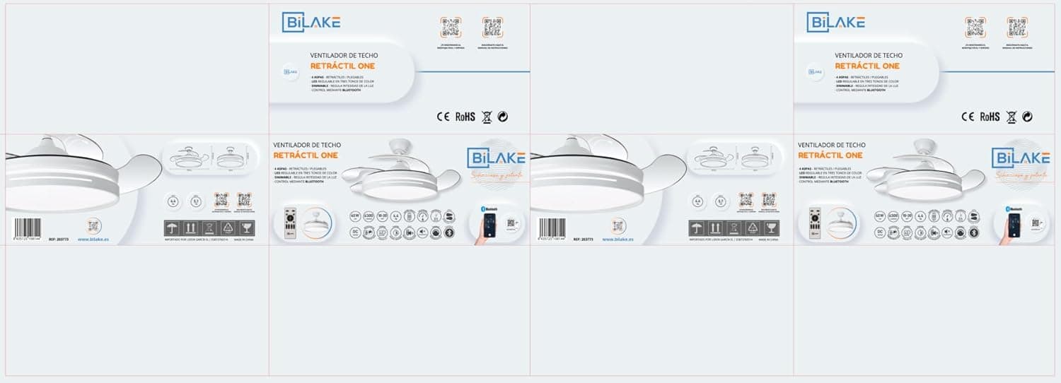 Bilake Ventilador de techo one con luz silencioso aspas retractiles económico 4 aspas 6 velocidades Lampara ventilador blanco con mando