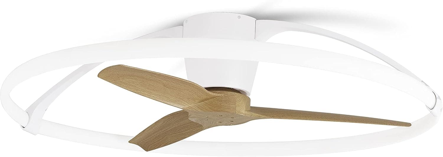 Mantra Iluminación. Modelo NEPAL. Ventilador y plafón de techo de 105 cm de diámetro en color blanco y haya. Fuente de luz LED 75W 2700K-5000K 7200lm. Ventilador 35W