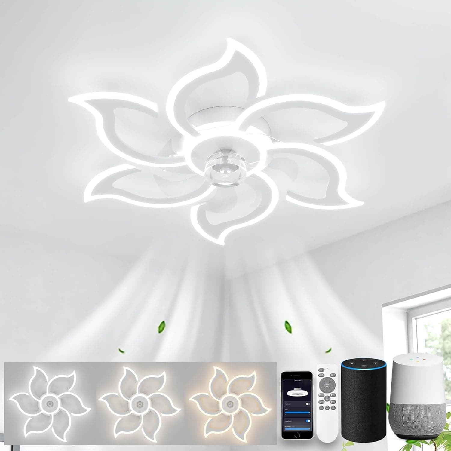 LJX Lampara Ventilador Silencioso Compatible con Alexa, Motor DC, Luz LED Regulable