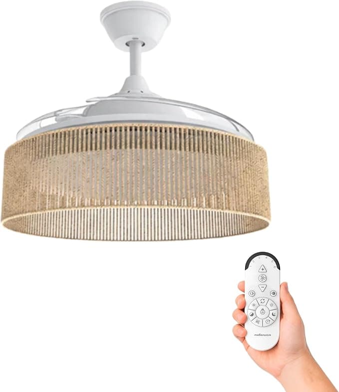 Ventilador de techo Mellerware - Ventilador de Techo con Luz y Lámpara Brizy Bright Rattan Sand | 3 Aspas 106 de Diámetro| 40 W | 6 Velocidades Ultra Silencioso | Función Verano-Invierno | Temporizador | LED