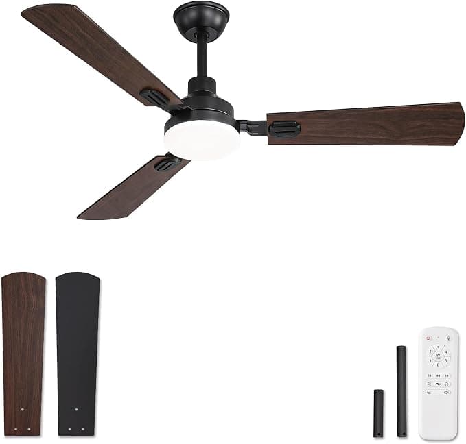 Ventilador de techo Ventilador de Techo Con Luz LED 132 cm, Mando A Distancia, Interior Y Exterior, CCT 3000K-6000K, Motor DC Reversible, Silencioso, 6 Velocidades, Temporizador 1H/4H/8H, 3 Aspas Negras + Nogal Oscuro