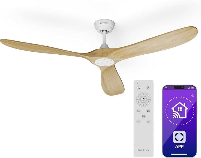 Ventilador de techo KLARSTEIN Ventilador de Techo Silencioso Smart 152 cm, Arce - Control Remoto, Voz y App, 6 Velocidades, Función Verano/Invierno, Motor DC Eficiente, Sin Luz, para Habitaciones hasta 30 m²