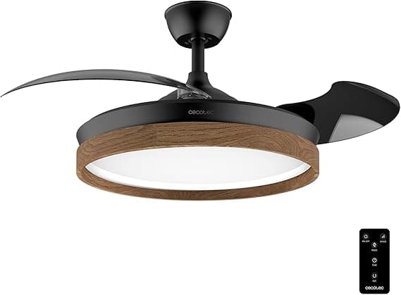 Cecotec Ventilador de Techo con Luz Energysilence Aero 4320 Invisible Wood & Black. 35 W, 6 Velocidades, Aspas Retráctiles, Mando a Distancia, Temporizador, Luz Regulable