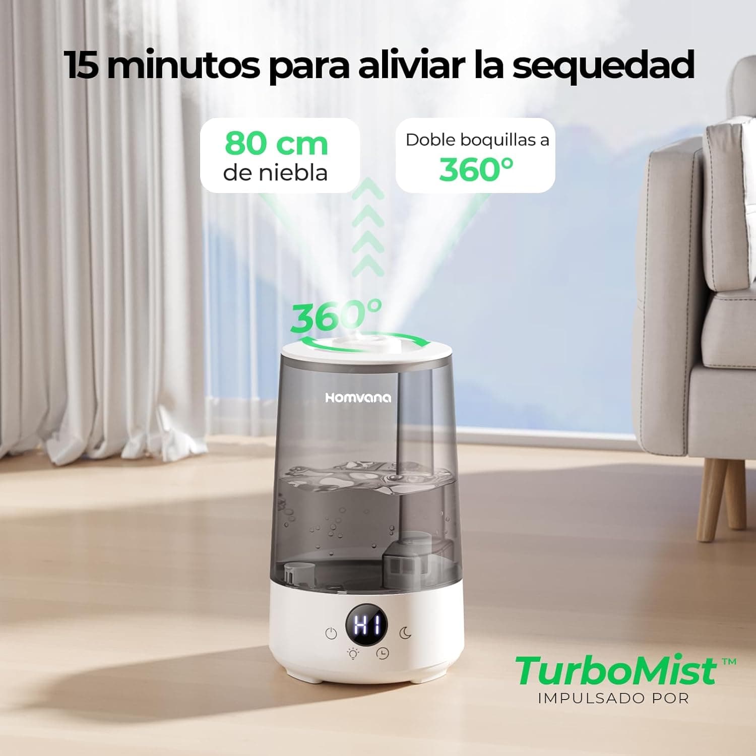 Homvana Humidificador Bebes Mocos y Tos, 3.6L Cool Mist 16dB Silencioso (SilentSpray), Top-Fill 34 Horas de Funcionamiento, con Bandeja de Aroma, BPA Free Bebés y Plantas, 7 Color Light, Sleep Mode