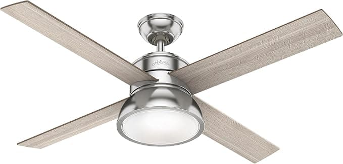 Ventilador de techo Hunter Fan, Ventilador de Techo con Luz y Mando a Distancia para Interiores, Loki, 4 Aspas Reversibles, Color Niquel, 132 cm, Ideal para Verano e Invierno, Modelo 50424