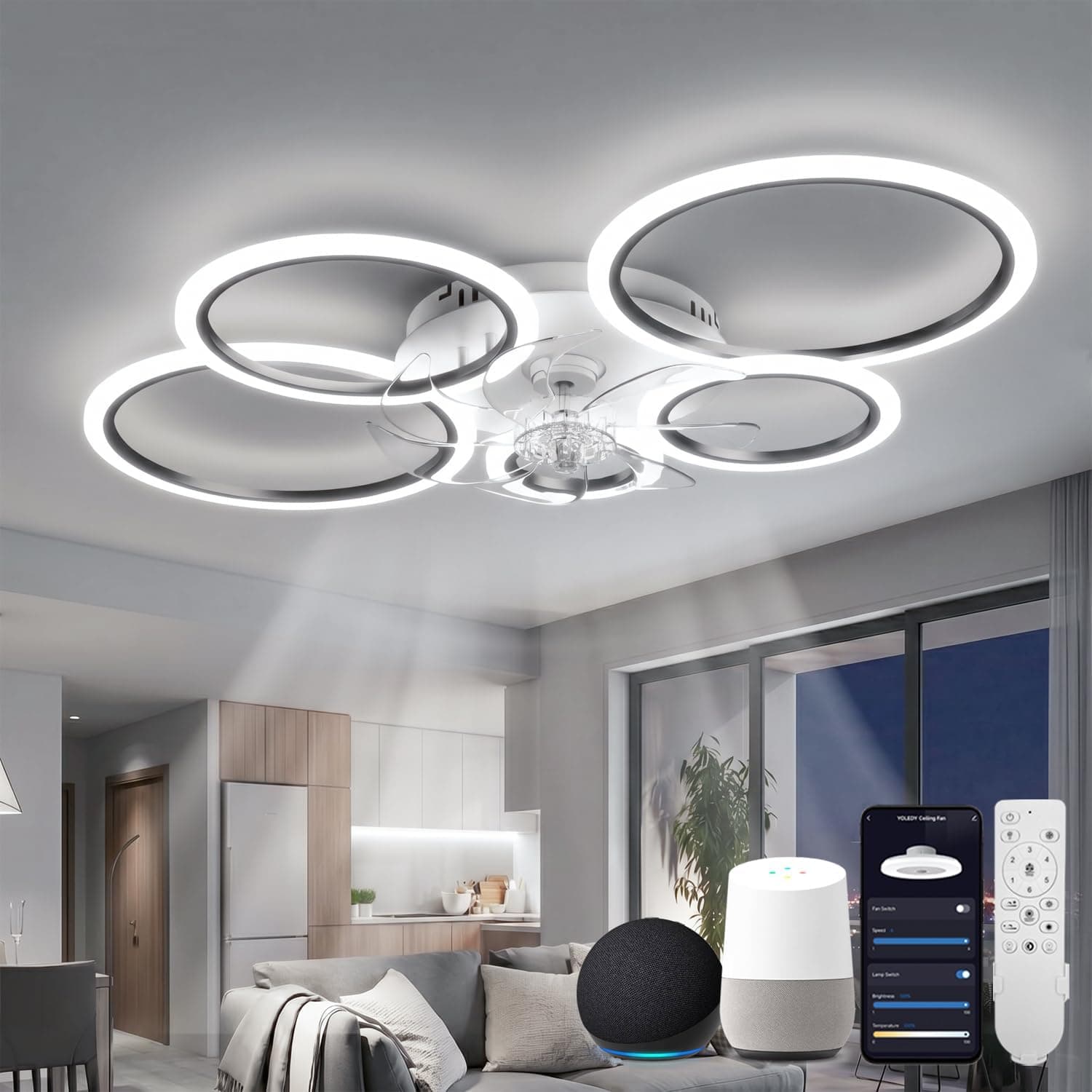 Lampara Ventilador Techo Led Compatible con Alexa y Google Home, Aspas Retráctiles