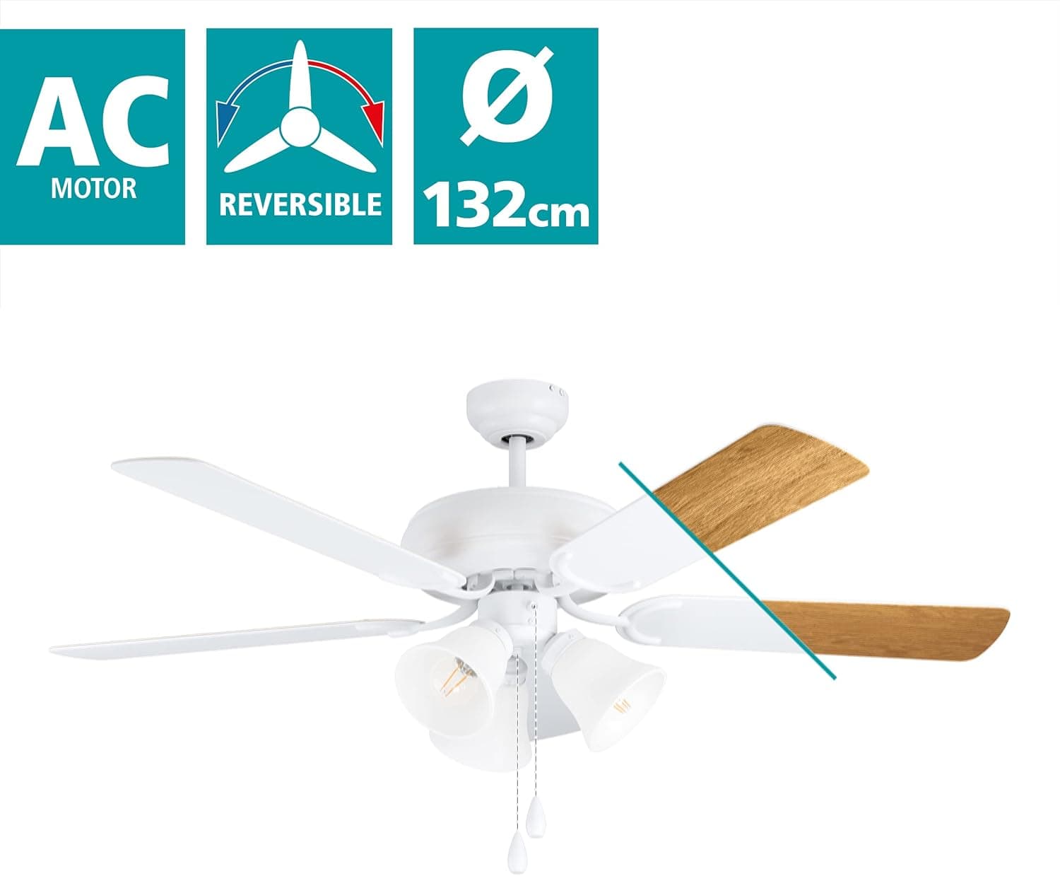 EGLO Ventilador de techo LAS PALMAS, ventilador de 5 aspas con luz, cadena de accionamiento, aspas reversibles de madera laminada en color blanco o roble, motor AC, diámetro 132cm