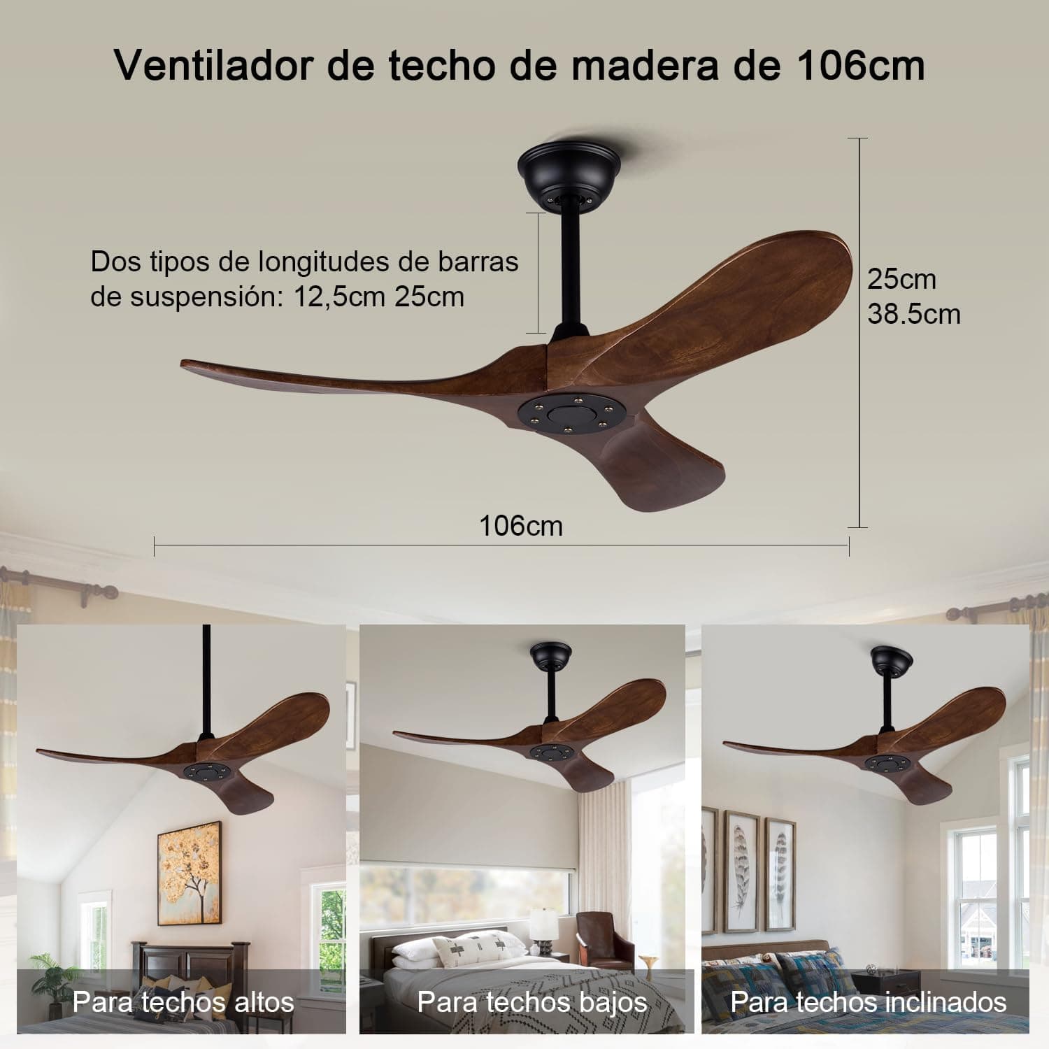 BOJUE Ventilador de techo sin luz 106 cm - Ventilador de techo de madera con mando a distancia, 6 velocidades, motor DC silencioso, para dormitorio/patio/porche (aspas nogal oscuro)