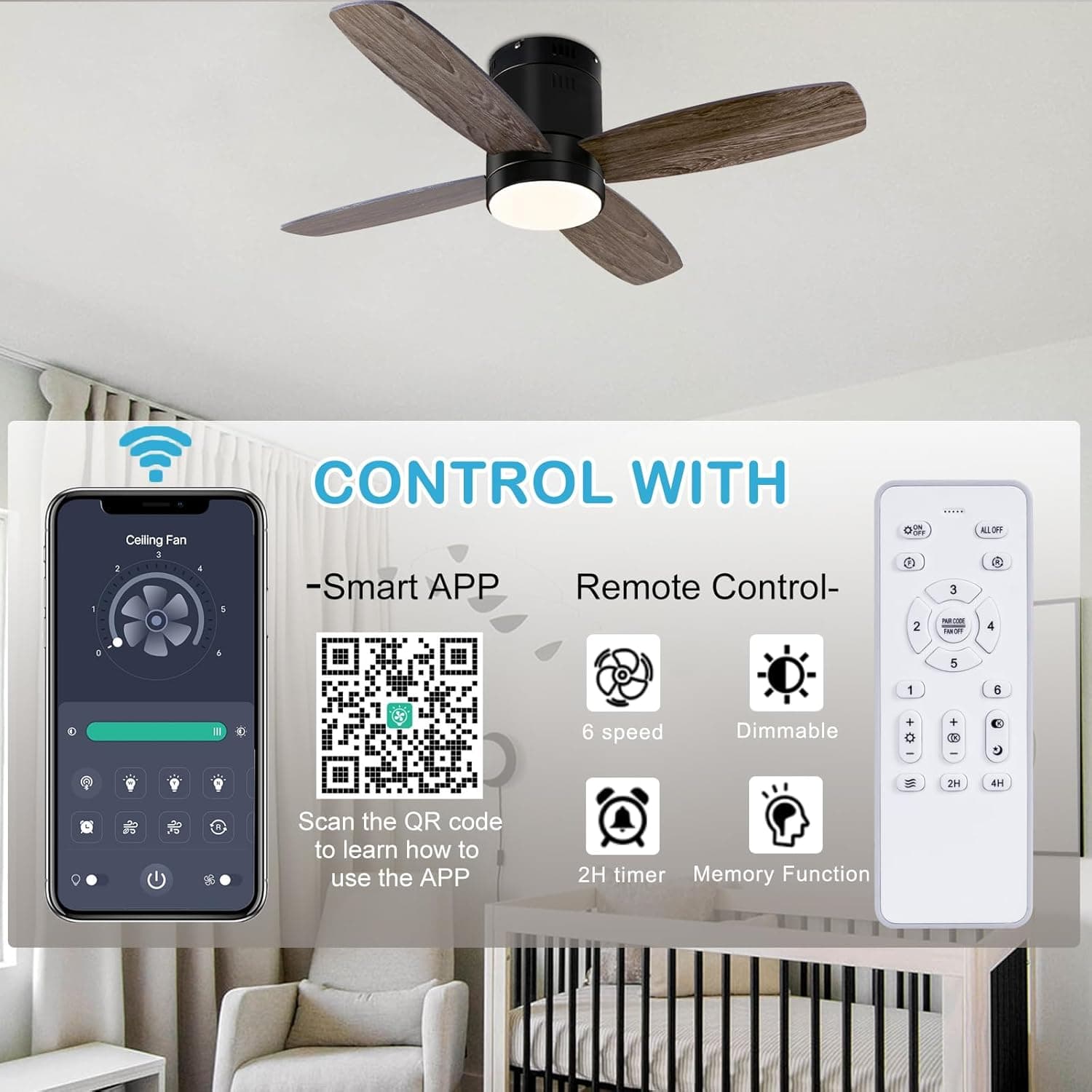 Ohniyou Ventilador de Techo con Luz, 38''(96.5 cm) Ventiladores de Techo Silencioso, con Mando a Distancia y APP, Luz Regulable, 6 Velocidades, Reversible, para Patio Cocina Dormitorio(Negro)