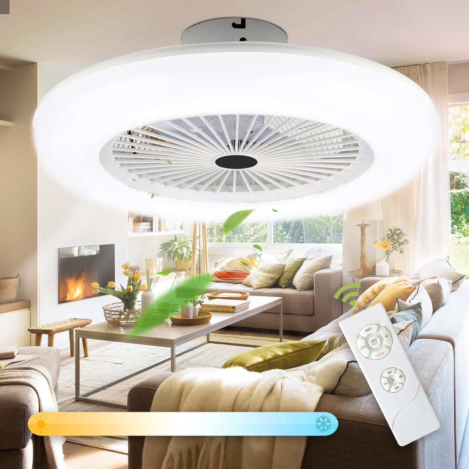80W Ventilador de Techo con iluminación, Lámpara con 3 velocidad del viento ajustable 3 color, Regulable LED Ventiladores para el Techo con Mando a distancia, Temporizador