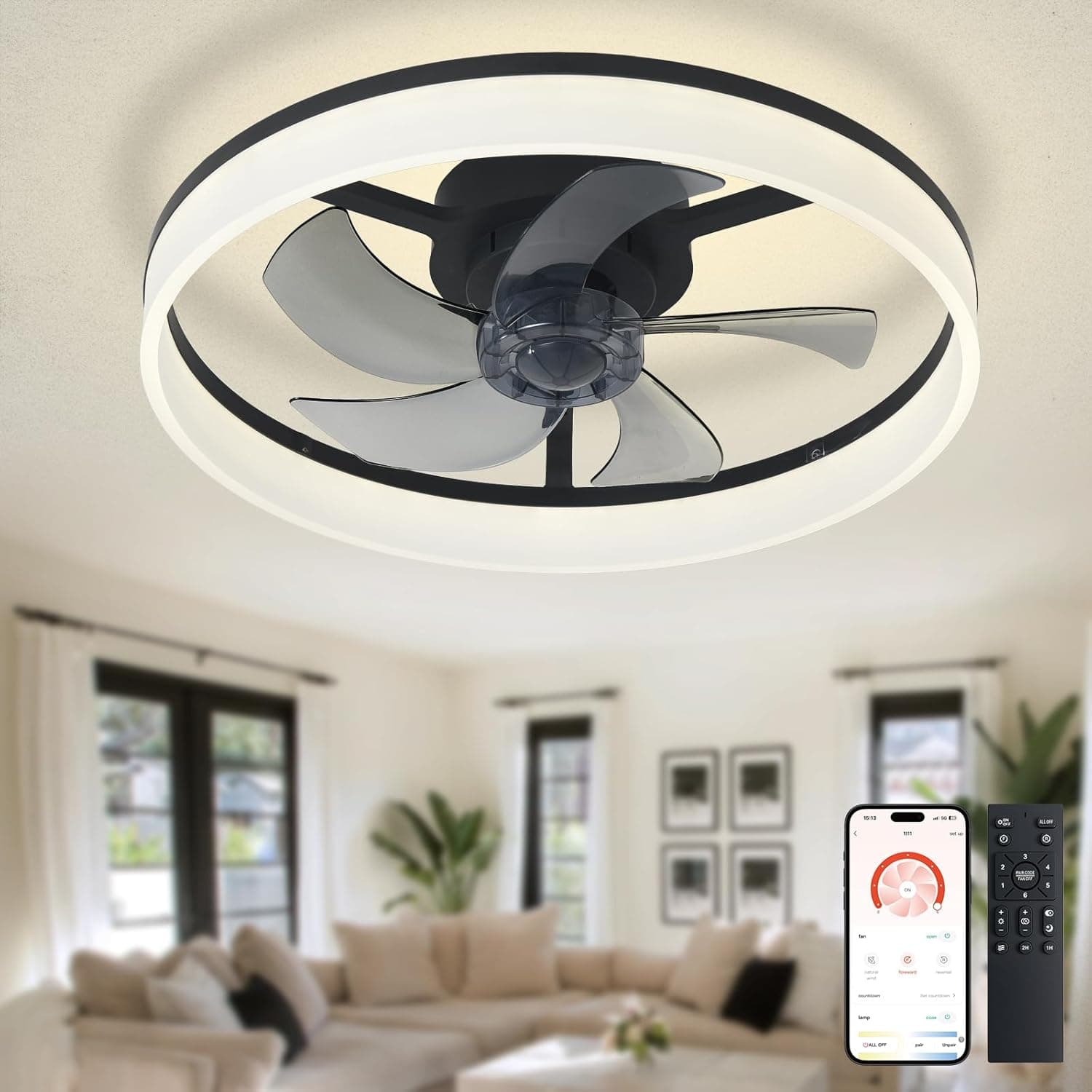 Depuley Ventilador de techo LED con luz: ventilador moderno de perfil bajo de 20" con montaje empotrado y mando a distancia con aplicación - Lámpara con ventilador sin aspas regulable para dormitorio