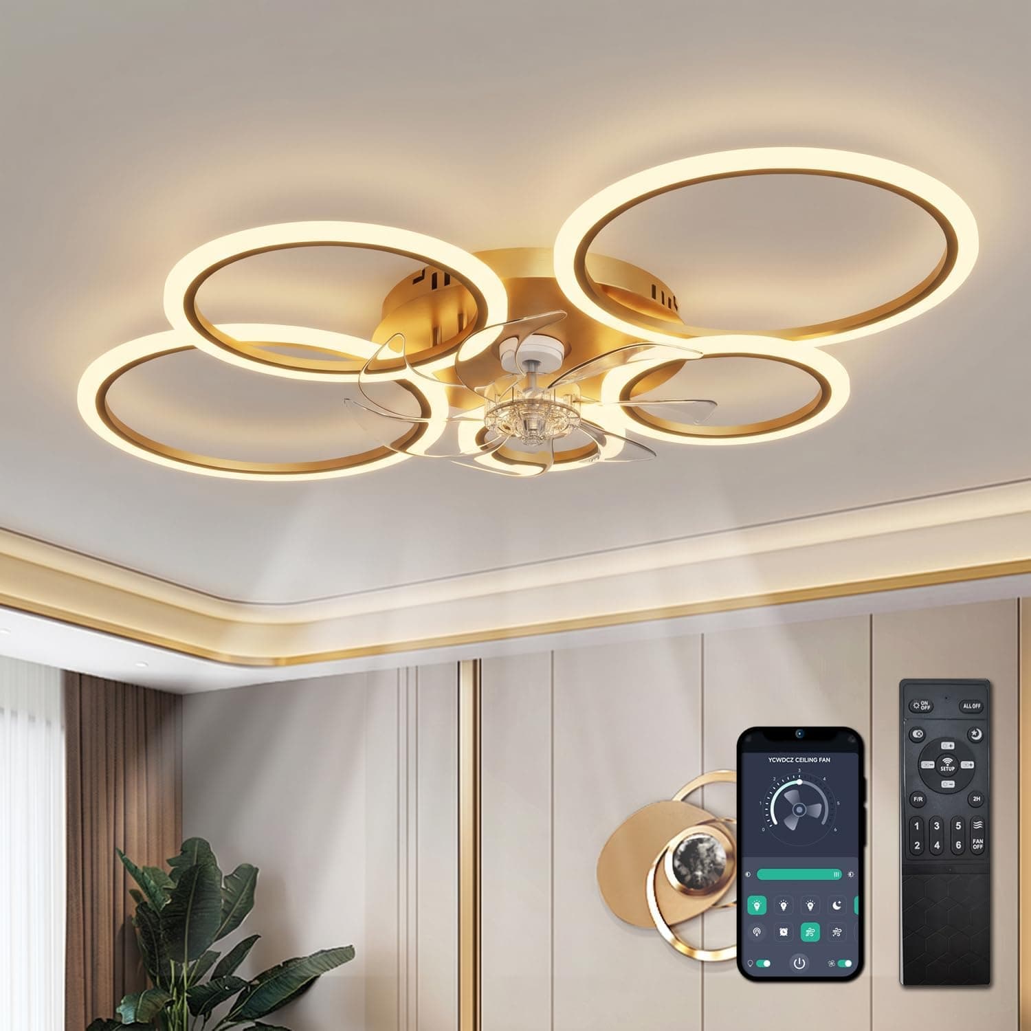 ycwdcz Lampara Ventilador Techo Led, Anillo de Luz RGB con Mando