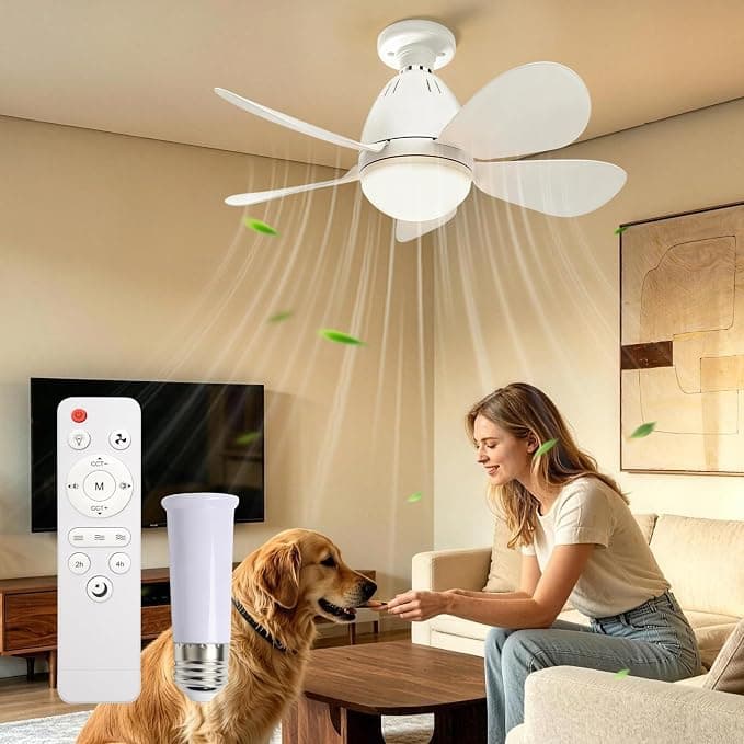 Ventilador de techo Blanco Ventilador Techo con Luz LED y Mando a Distancia 52CM E27 5 Aspas Lampara Ventilador Techo Pequeño con Silencioso Motor DC CCT Dimmer sin pasos Temporizador 3 Velocidades