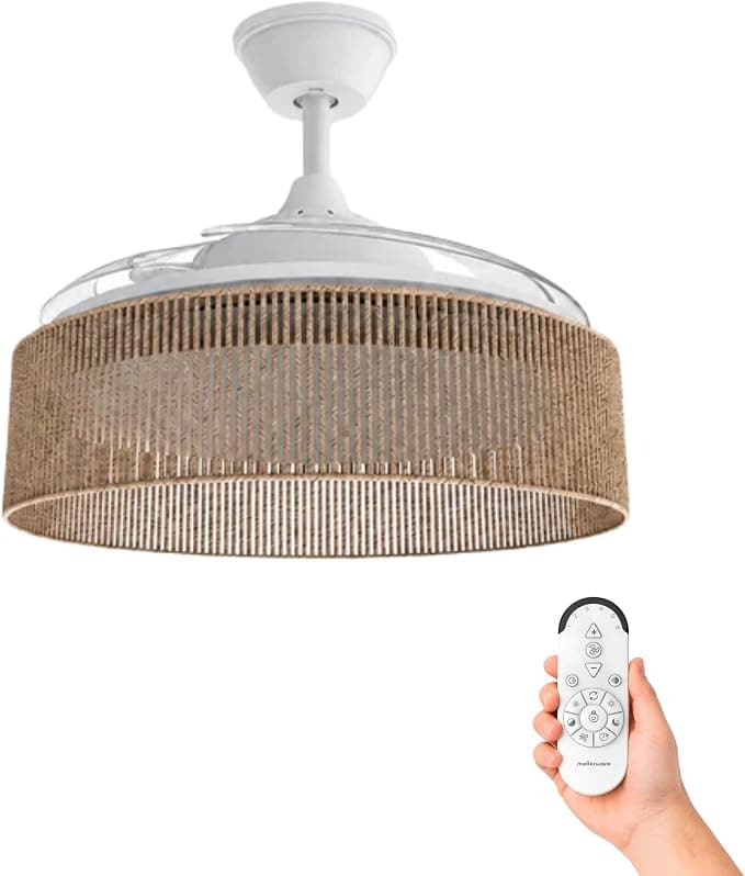 Ventilador de techo Mellerware - Ventilador de Techo con Luz y Lámpara Brizy Bright Rattan | 3 Aspas 106 de Diámetro| 40 W | 6 Velocidades Ultra Silencioso | Función Verano-Invierno | Temporizador | LED