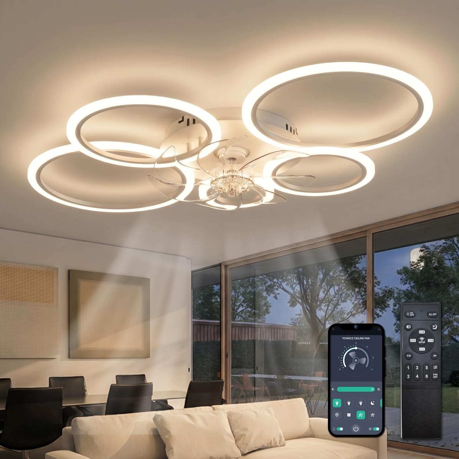 ycwdcz Ventilador de Techo Moderno Blanco Sin Aspas Silencioso con Luz LED