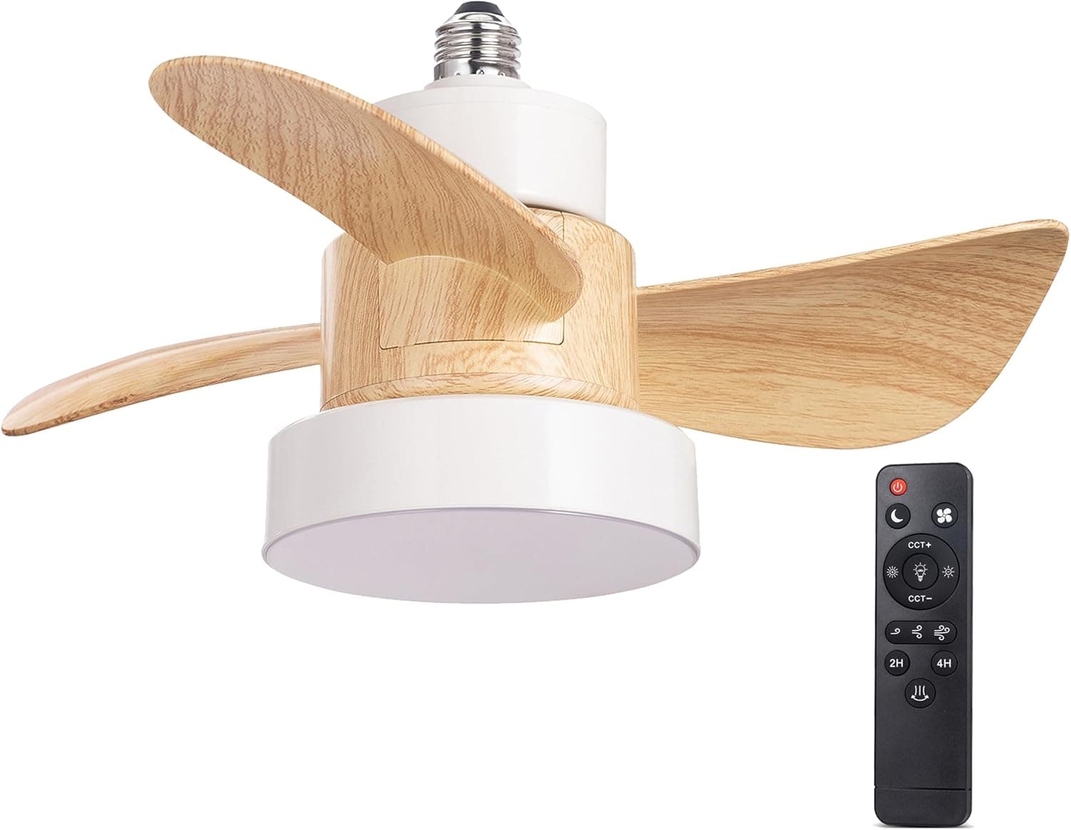 wonderlamp Bombilla con aspas LED Debu Casquillo E27, Ventilador bombilla 3 CCT, Intensidad Regulable 15W, Silencioso, Blanco+Madera
