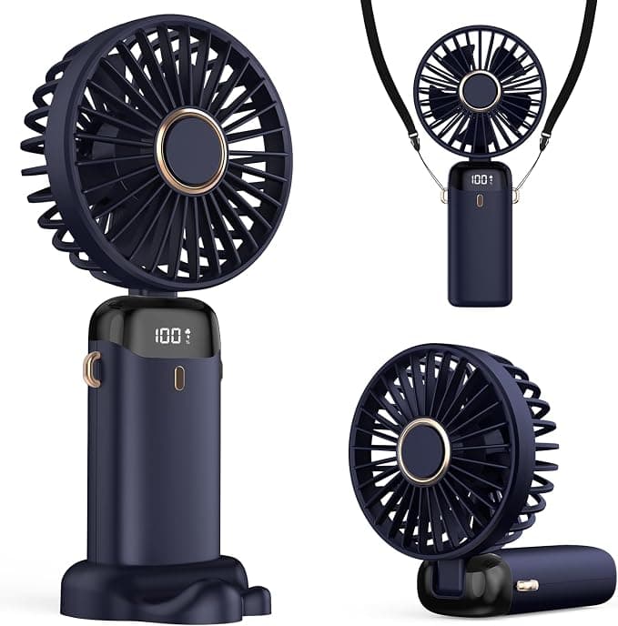 Ventilador de techo Ventilador Portátil de Mano, USB 4200mAh con Pantalla LED, 3 en 1: Mano/Cuello/Escritorio, Plegable a 90°, para Verano, Oficina, Dormitorio, Viajes, Regalos para Adultos y Niños (Azul Oscuro)