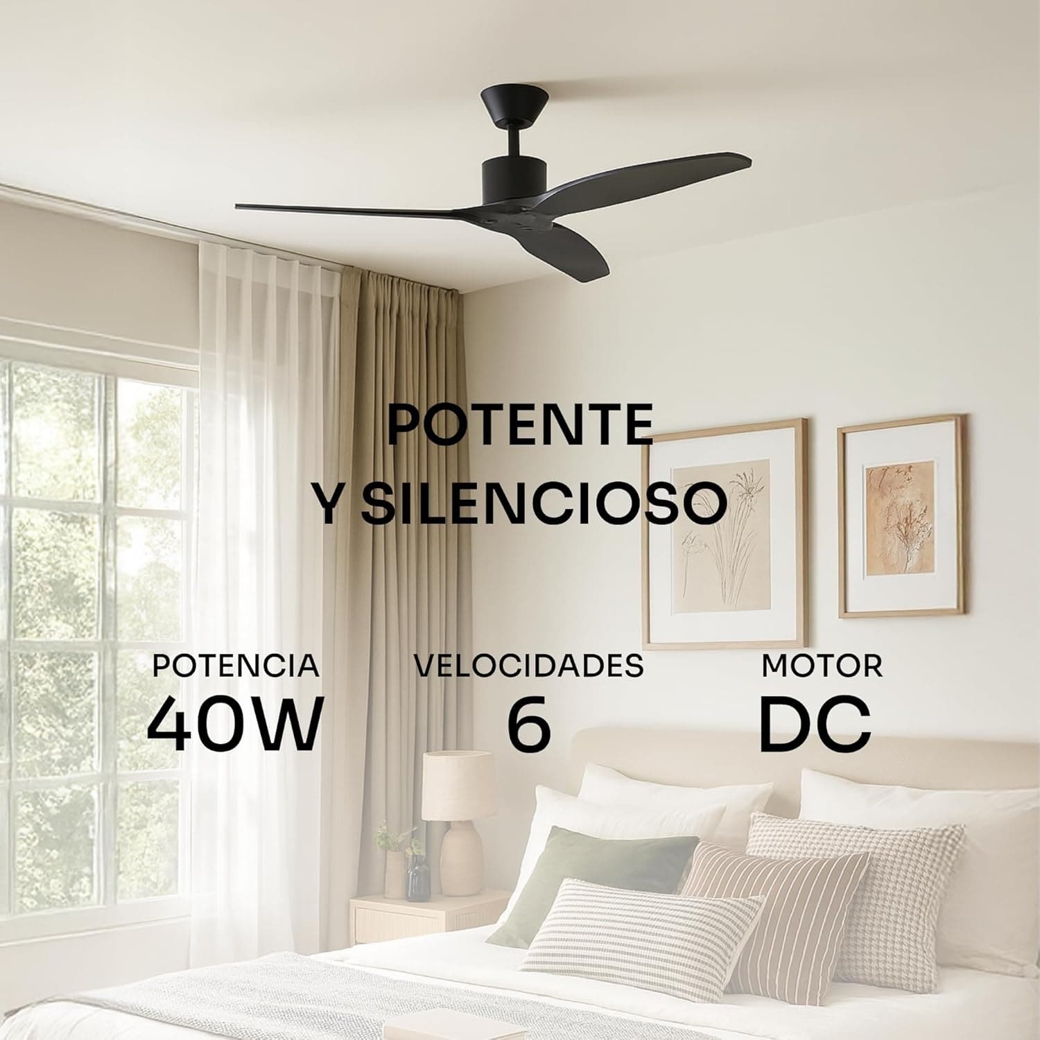 Mellerware - Ventilador de Techo con Mando a Distancia Brizy! | 45 W | 6 Velocidades | Ultra silencioso | Función Verano-Invierno | Temporizador | 3 Aspas | 132 de Diámetro | Motor DC | Black