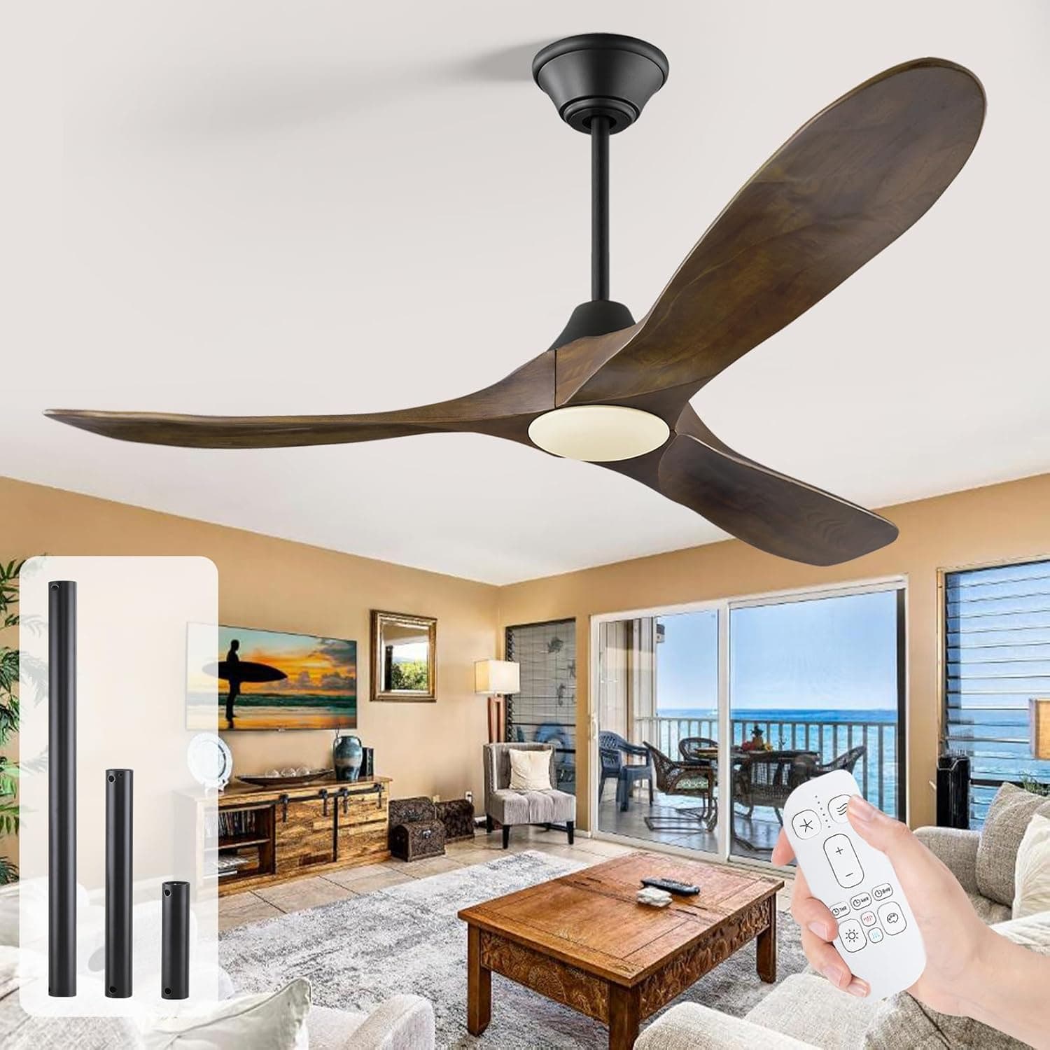 Ventilador de techo de 132cm con luz, ventilador de techo de madera para interior/exterior con control remoto, ventilador de techo de alto volumen de aire para el hogar, porche, cenador al aire libre