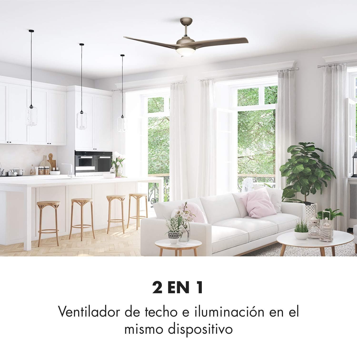 KLARSTEIN Figo - ventilador de techo, 2 en 1: ventilador de techo, 52" (132 cm) de diámetro, 3 aspas, caudal de 10.039 m³/h, 2 sentidos de giro, 3 velocidades, silencioso, crema