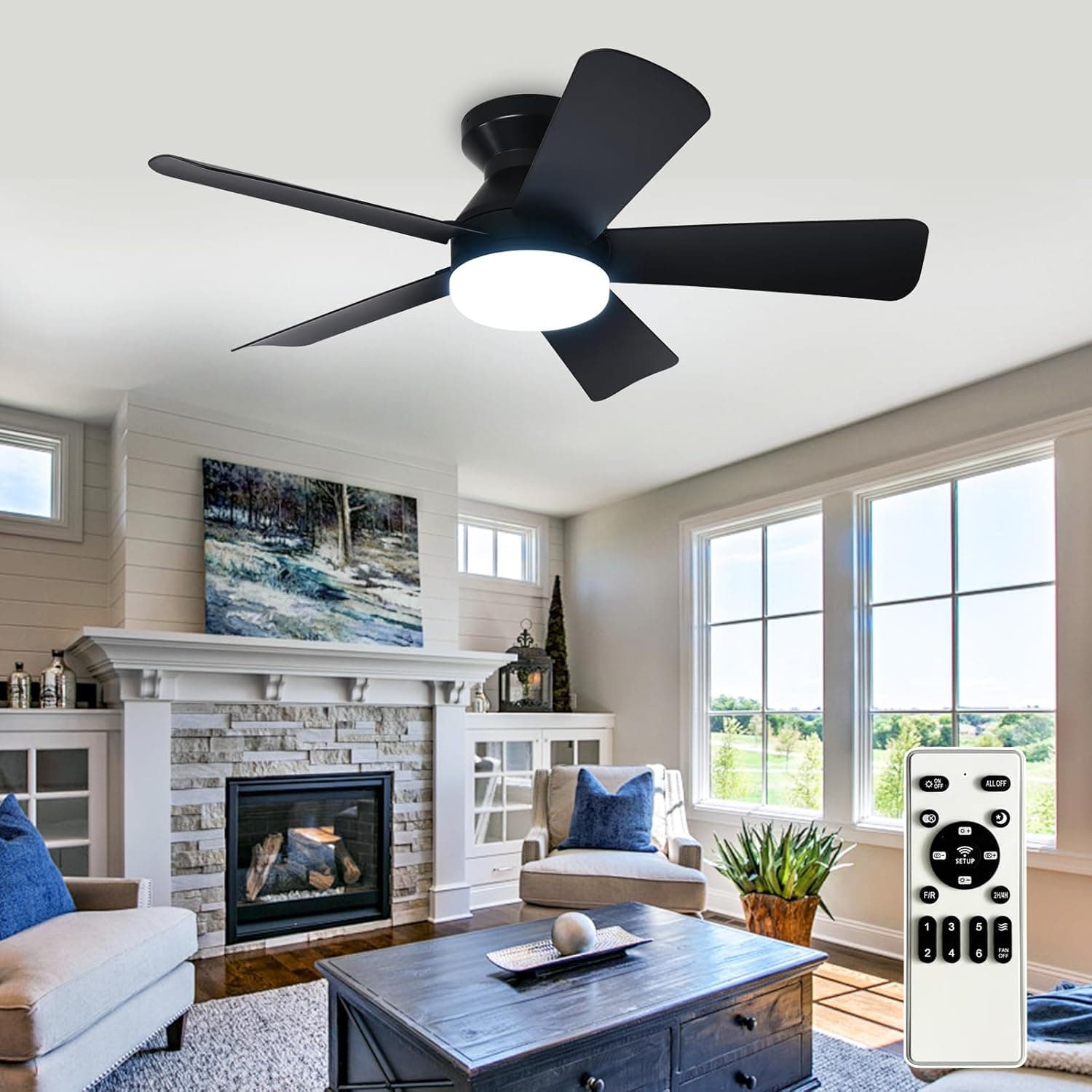 Depuley Ventilador de techo moderno con luz: Ventiladores pequeños negros de 35 pulgadas para dormitorio - Ventiladores de techo empotrables regulables con mando a distancia 5 aspas negras invertidas