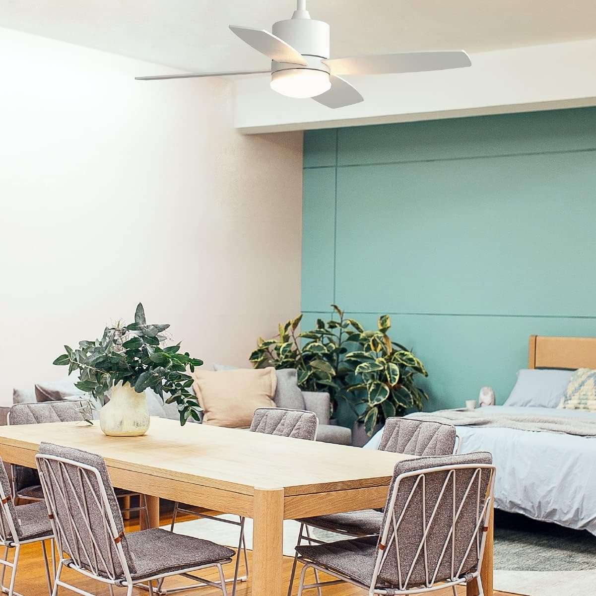 UNIVERSALBLUE | Ventilador de techo con luz LED | Color blanco | Ventilador silencioso con Motor DC | Mando a Distancia | 4 Aspas | Diámetro 132 cm | Temporizador | 6 Velocidades |