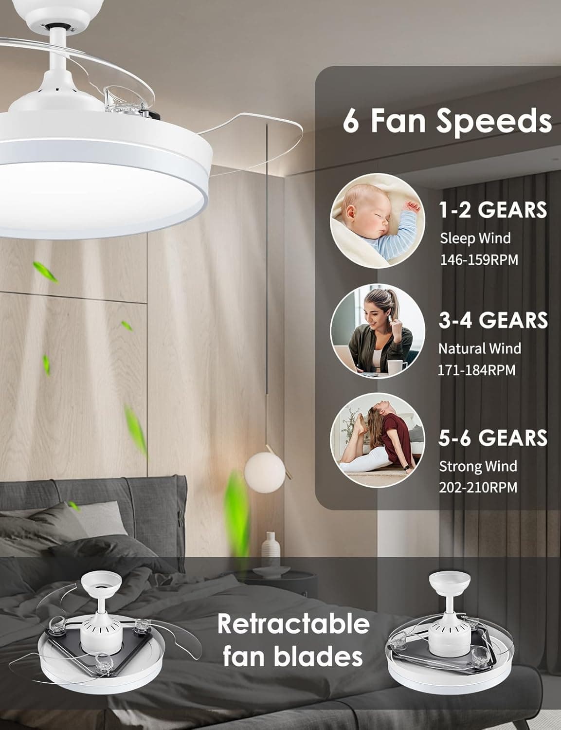 CJOY Ventilador Techo Aspas Retráctiles,107cm Ventilador de Techo con Luz y Mando Regulable, Ventiladores Techo Silencioso DC Reversible, 6 Velocidad, Memoria 3 CCT, Temporizador, Reposo Dormitorio