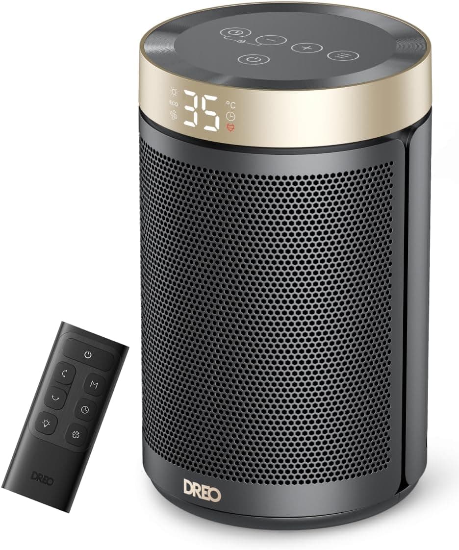 DREO Calefactor Cerámico de Bajo Consumo, Portátil con Termostato, Temporizador 12H, Modo Eco y Ventilador Silencioso, Calentador Eléctrico 1500W PTC Rápido y Seguro para Oficina, Dormitorio y Hogar