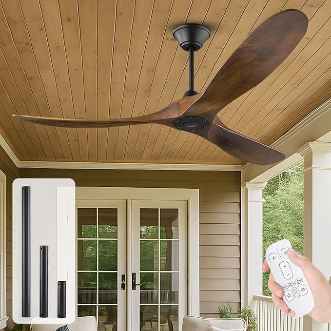 Ventilador de techo 178 cm Gran Ventilador de techo para exteriores de, ventilador de techo moderno de madera maciza con control remoto para patio interior Techo inclinado alto y bajo, ventilador de techo DC marrón