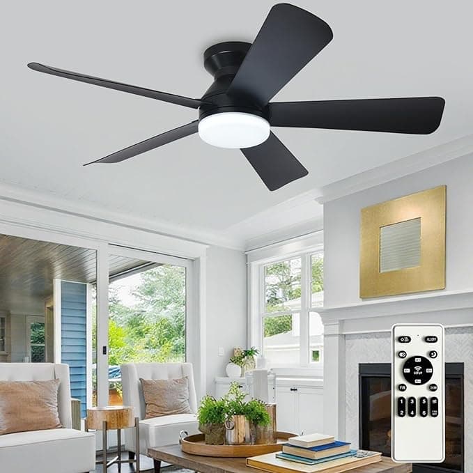 Depuley Ventilador de techo moderno con luz: Ventiladores pequeños negros de 42 pulgadas para dormitorio - Ventiladores de techo empotrables regulables con mando a distancia 5 aspas negras invertidas