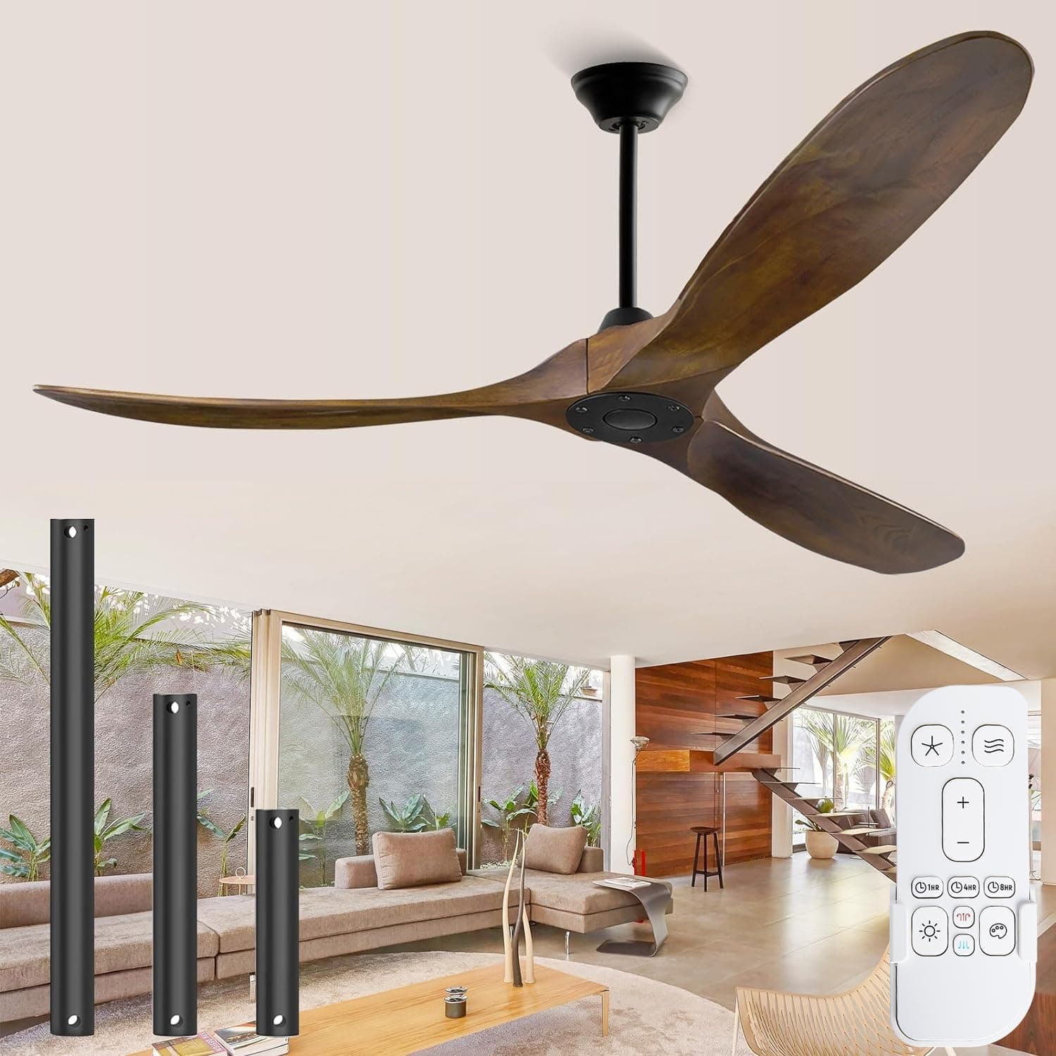 Ventilador De Techo Sin Luces Con Control Remoto, Ventiladores Madera Techo Para Porche Exterior De 132cm, 3 Aspas Con ClasificacióN De Humedad, Gran Flujo De Aire Para Silencioso 6 Velocidades