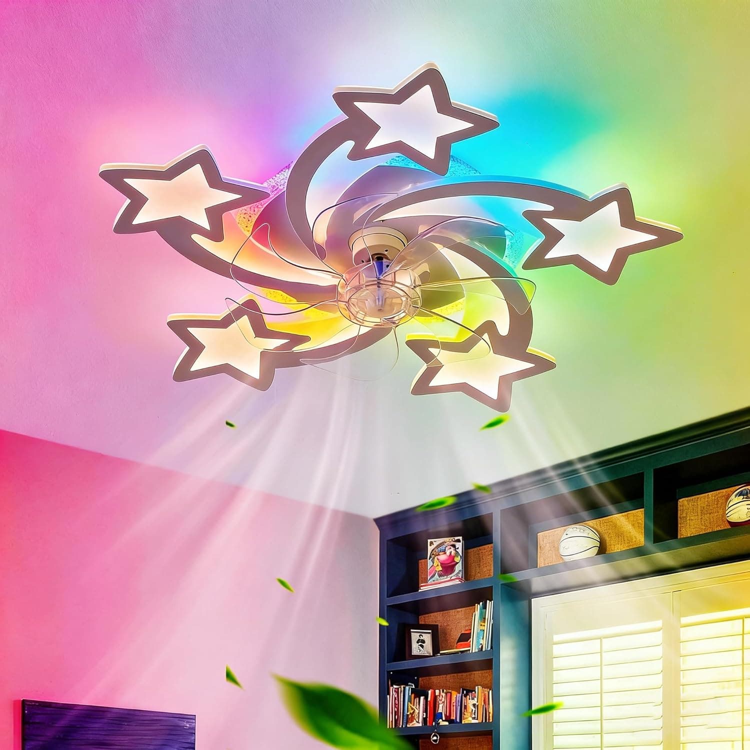 RGB Ventilador De Techo Con Luz Con Mando A Distancia APP, Niño Dormitorio Ceiling Fan with Light Reversible Seis Velocidades Regulable Lampara Ventilador Memoria Silencioso Timing Blanco