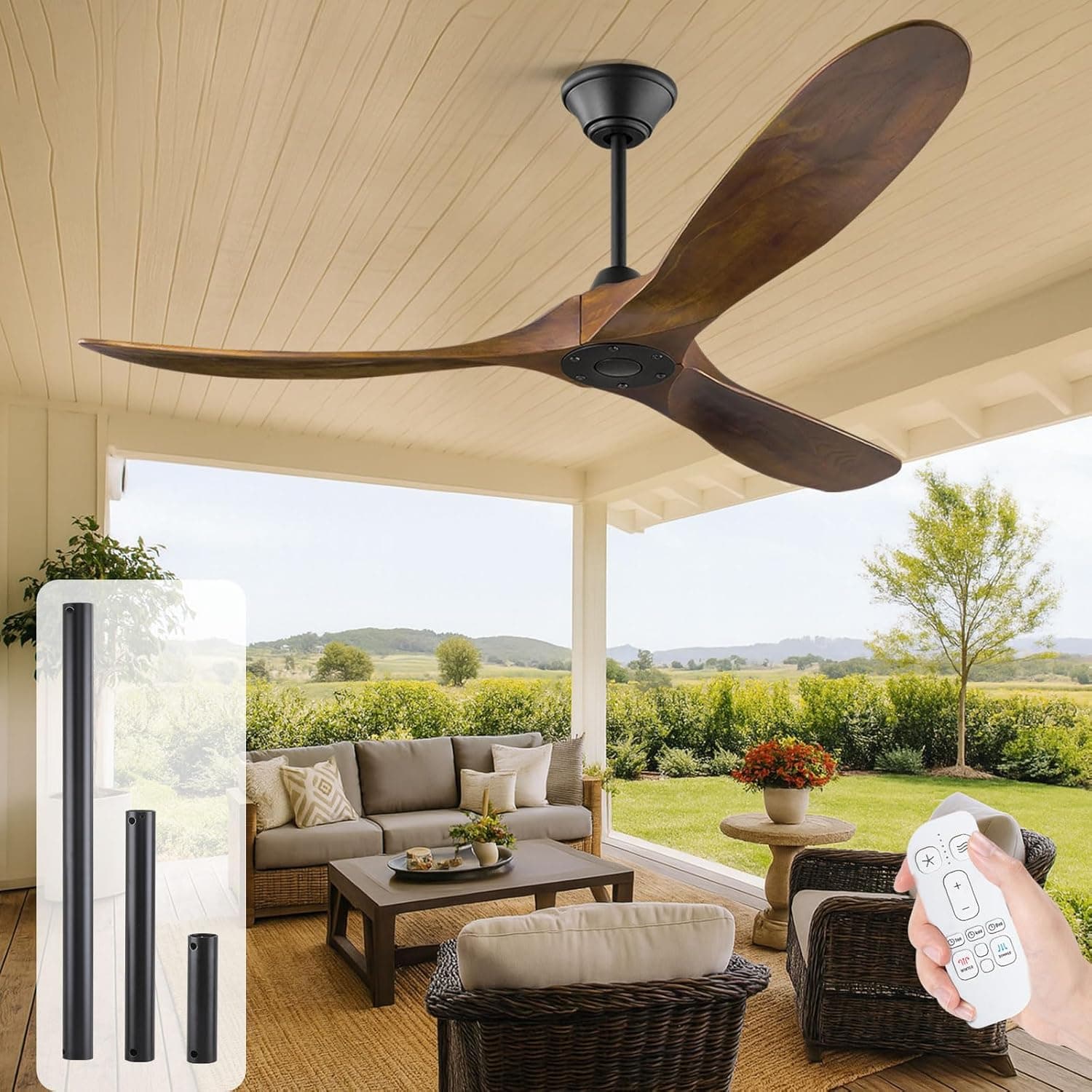Ventilador De Techo Sin Luz De Madera 152 Cm, 3 Aspas Para Exterior Con Mando, Ventilador De Techo RúStico Con 6 Velocidades Ultra Silencioso Motor De Cc Reversible FuncióN