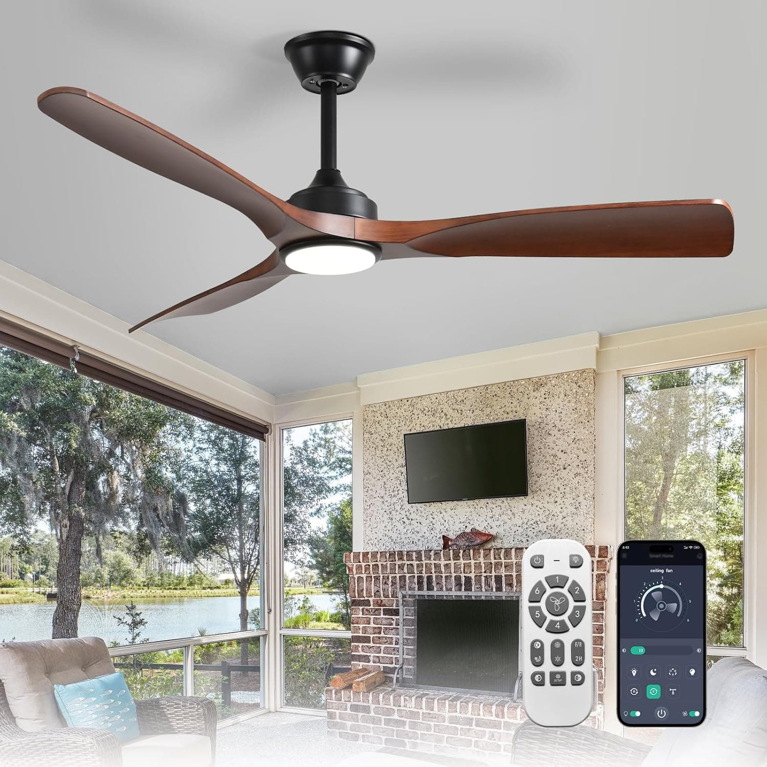 Depuley Ventilador de techo con luz moderno: Ventilador de exterior de 52 pulgadas con control remoto por aplicación para patio - Ventilador de 3 aspas en color nogal para interiores