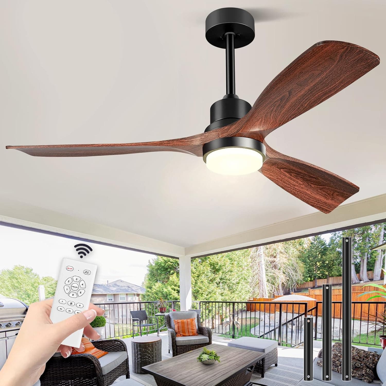 Ventilador de Techo con Luz y Mando a Distancia, Madera Ventiladores de Techo de 132 cm con Lámpara Luz Led con Motor DC, 3 Aspas, 6 Velocidades, Silencioso, Temporizador, para Exterior Dormitorio Sal