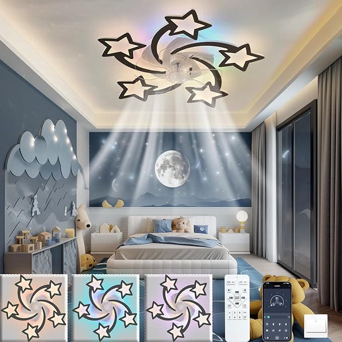 69CM Lampara Ventilador Techo Infantil Silencioso Ventilador De Techo Con Luz Rgb Regulable Ceiling Fan with Light and Remote Control Diseño De Estrella Fugaz Dormitorio/Habitación Infantil